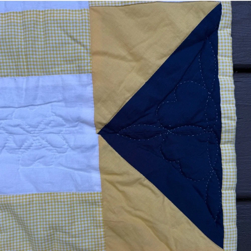 9.a.8 Vtg Handmade Hand Quilted Wall Quilt Blue Yellow Gingham Motifs 34x33.5